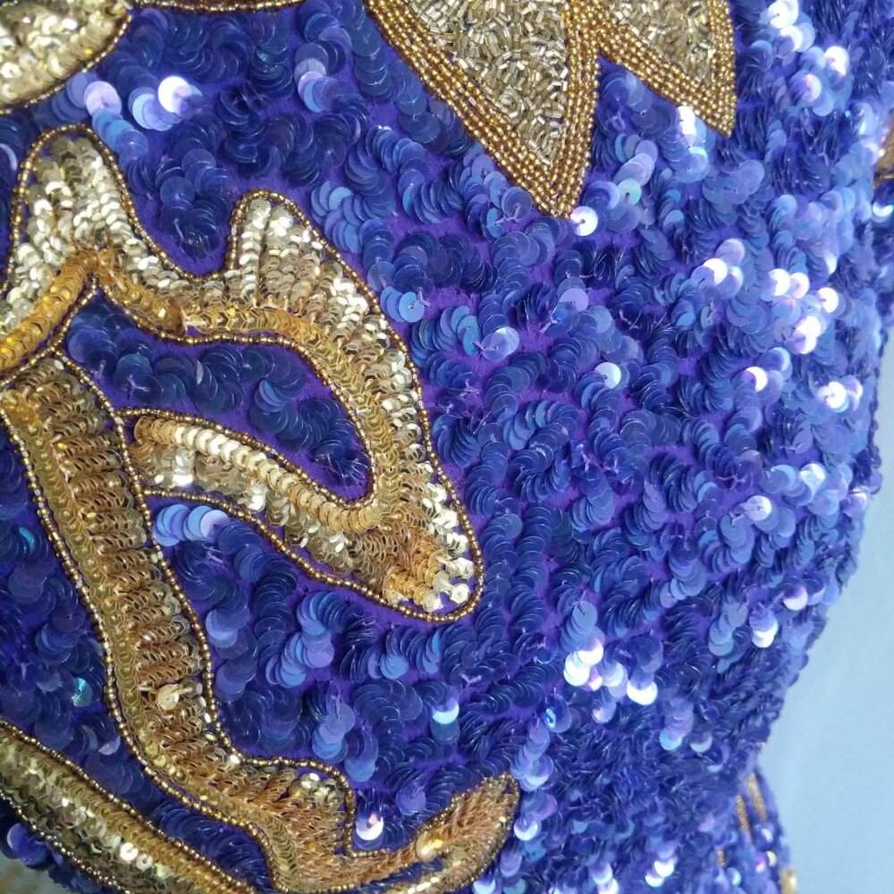 STUNNING RARE Designer Lawrence Kazar Vintage Purple and Gold Beaded Dress Small - Picture 6 of 10